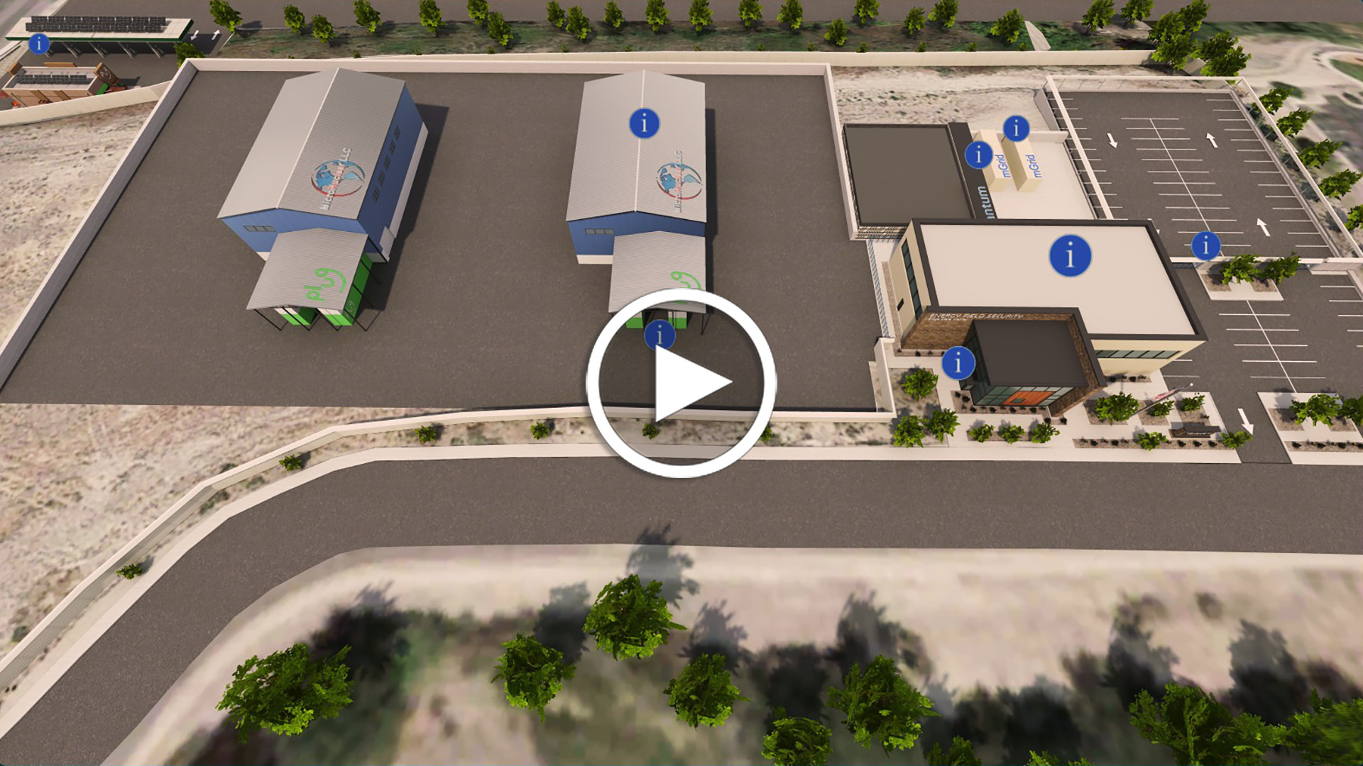 Overhead rendering of the Pure Watt facility with interactive tour hotspots